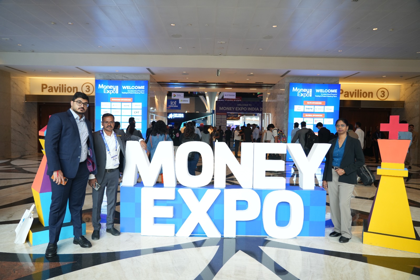 The Finnovic team at the Money Expo India 2026 entrance in Pavilion 3, Jio World Convention Centre, Mumbai